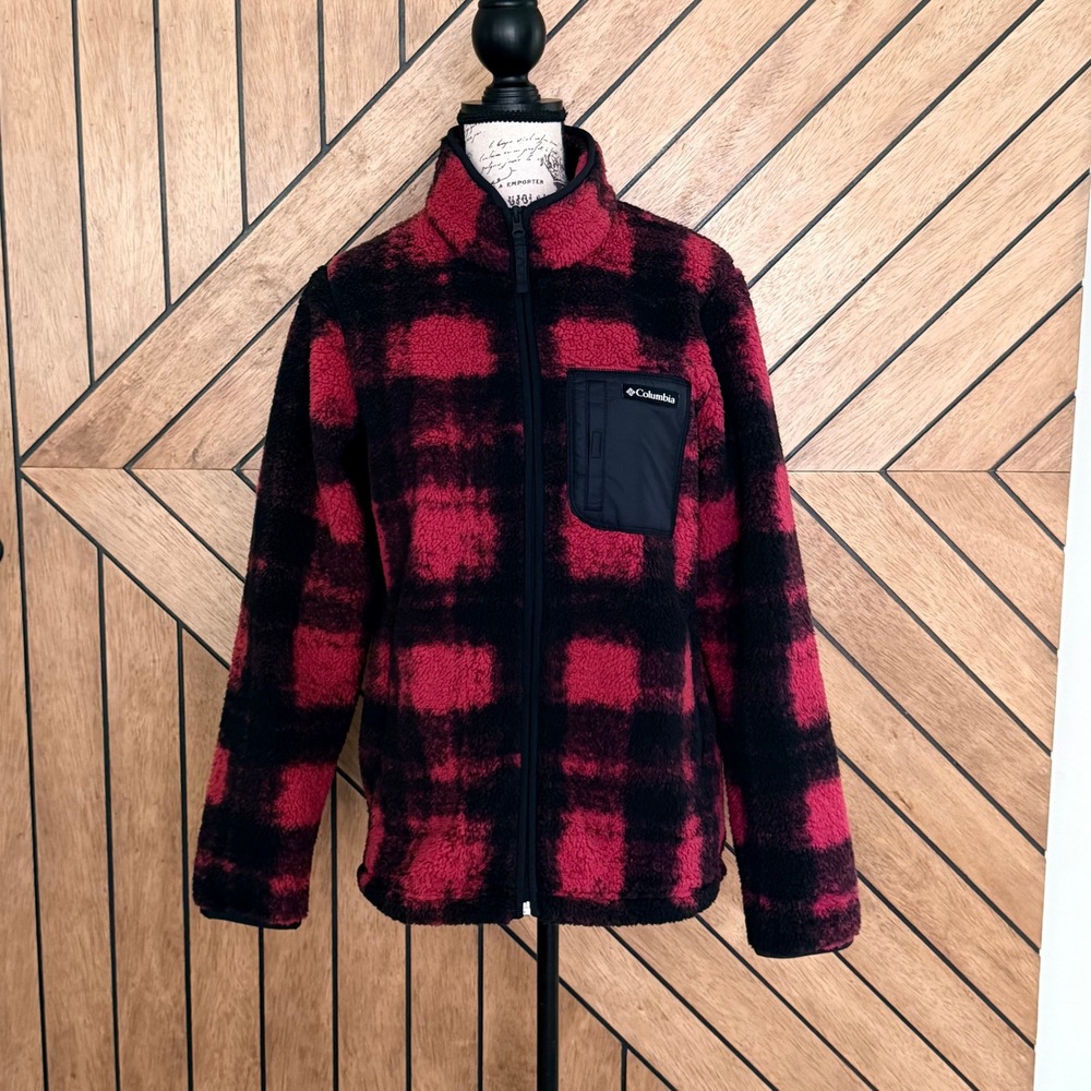 NEW Columbia West Bend Print Full Zip II Fleece Jacket Womens M Red Black Plaid